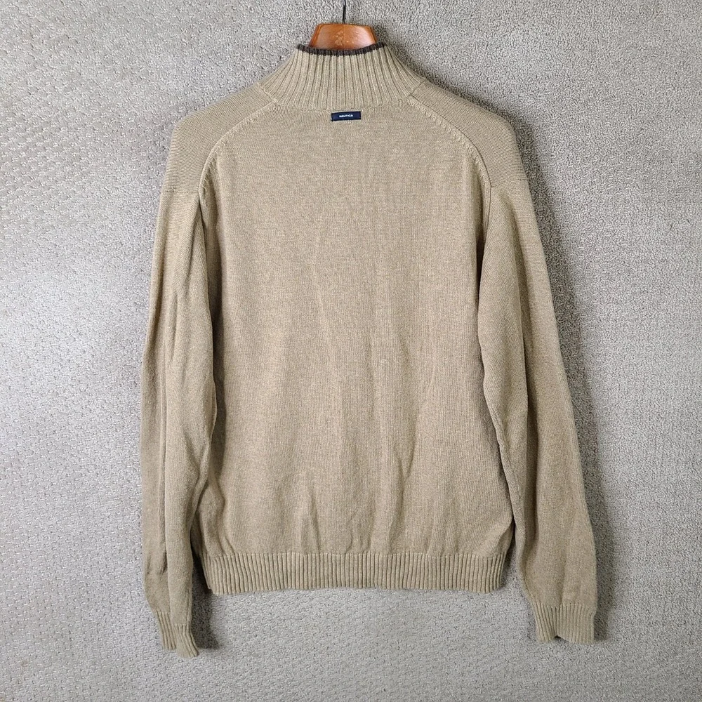 Nautica Sweater Mens Large Tan Quarter Zip Pullover Cotton Long Sleeve Casual‎